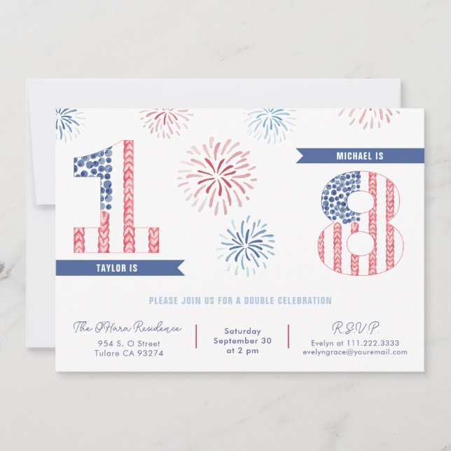 Patriotic Firecracker Kids Joint Birthday Party Invitation (Front)
