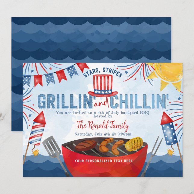 Patriotic Firework 4th of July Backyard BBQ Party Invitation (Front/Back)