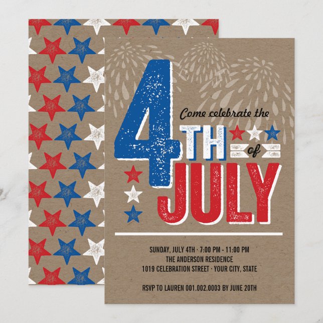 Patriotic Fireworks Fourth of July Party Invite (Front/Back)
