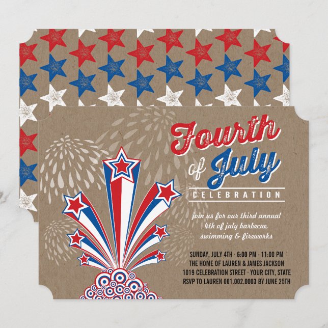 Patriotic Fireworks Fourth of July Party Invite (Front/Back)