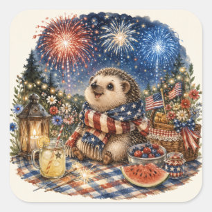 Patriotic Fireworks Hedgehog Watercolor Art Square Sticker