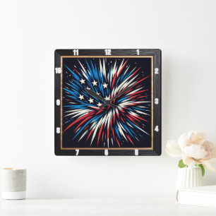 Patriotic Fireworks Red White Blue  Square Wall Clock