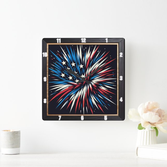 Patriotic Fireworks Red White Blue  Square Wall Clock (Home)