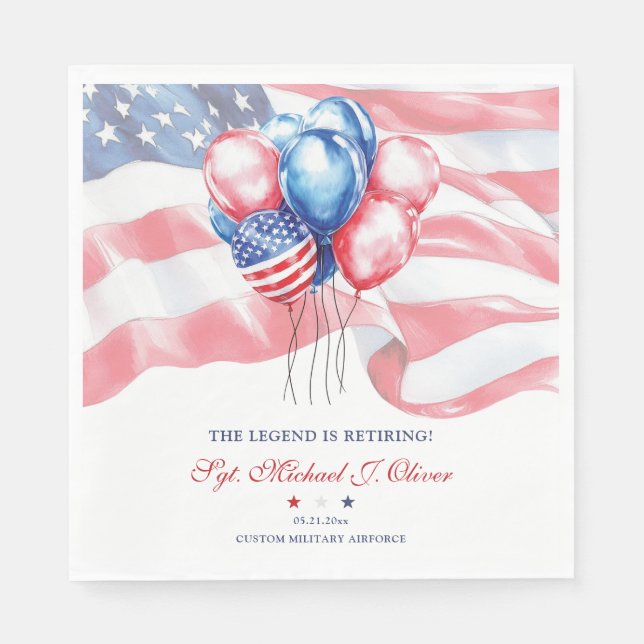 Patriotic Flag & Balloons Military Retirement Napkin (Front)