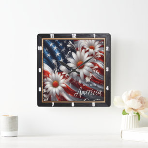 Patriotic Flag Daisies Decorative Square Wall Clock