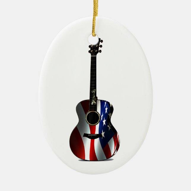 Patriotic Flag Guitar Memorial Day Ceramic Tree Decoration (Front)