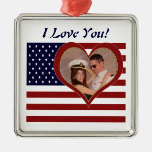 Patriotic Flag I Love You - Your Photo Ornamenent Metal Tree Decoration