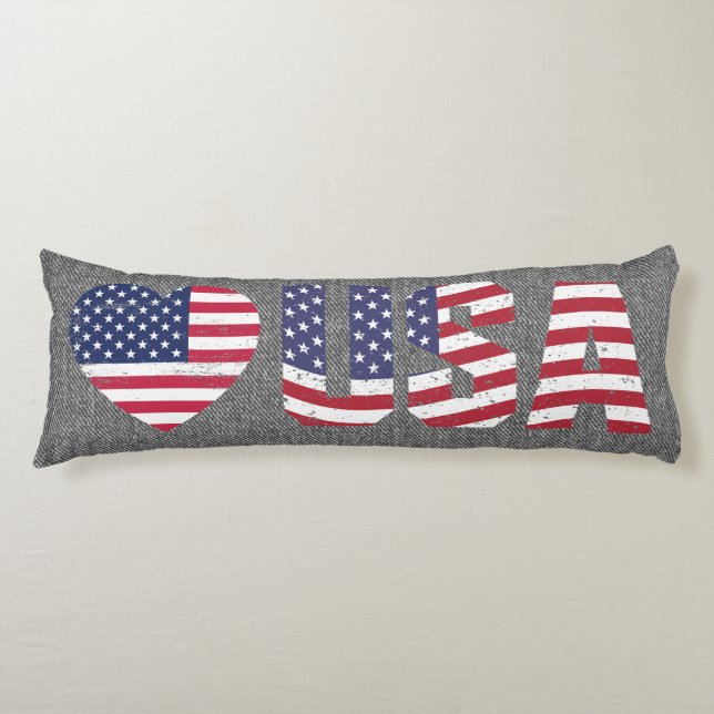 Patriotic Flag Love Heart USA Black Jean Denim Body Cushion (Front)