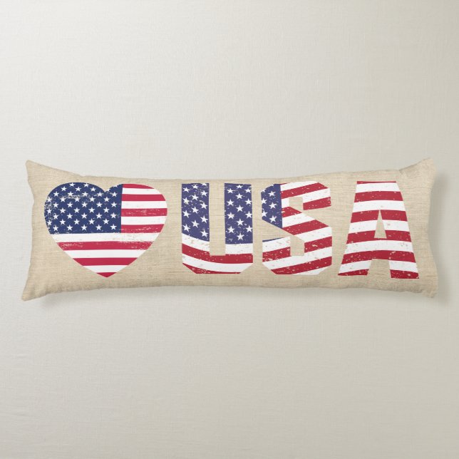 Patriotic Flag Love Heart USA Country Burlap Style Body Cushion (Front)