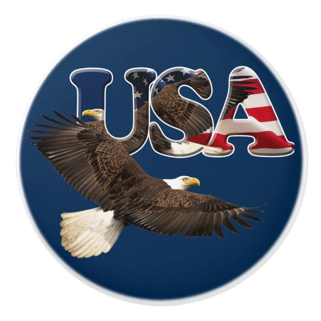 Patriotic Flag of the USA and Bald Eagle Ceramic Knob (Front)