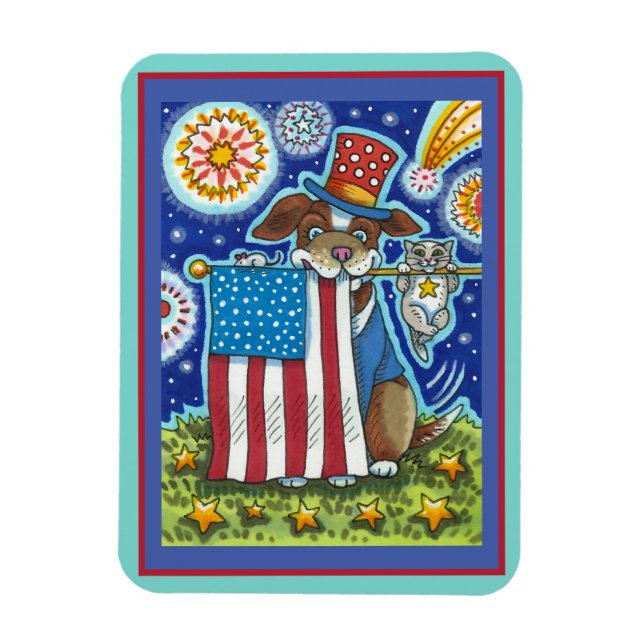 PATRIOTIC FLAG PET DOG CAT MOUSE, CUTE FUNNY MAGNET (Vertical)