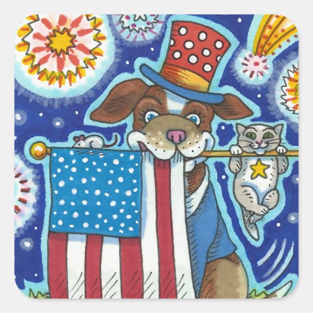 PATRIOTIC FLAG PET DOG CAT MOUSE, CUTE FUNNY SQUARE STICKER (Front)