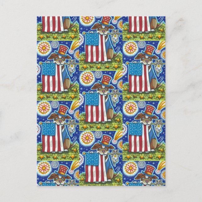 PATRIOTIC FLAG PET DOG CAT MOUSE, FUNNY CUTE HOLIDAY POSTCARD (Front)