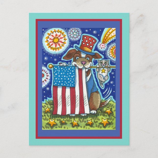 PATRIOTIC FLAG PET DOG CAT MOUSE, FUNNY CUTE  HOLIDAY POSTCARD (Front)