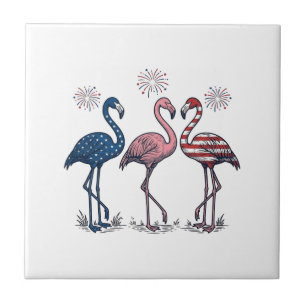 Patriotic Flamingo Trio Vintage Engraving Design_1 Tile