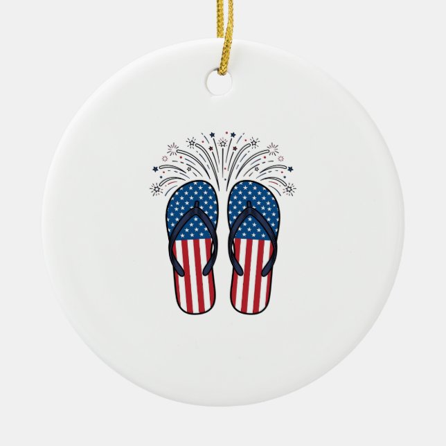 Patriotic Flip Flops Fireworks Summer Shirt Design Ceramic Tree Decoration (Front)