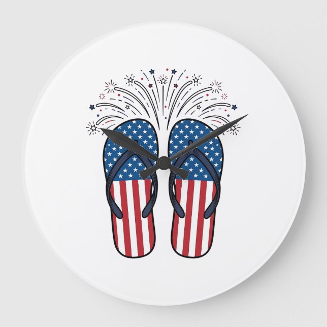 Patriotic Flip Flops Fireworks Summer Shirt Design Large Clock (Front)