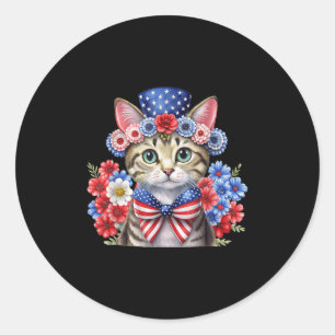 Patriotic Floral Cat 4th Of July Red White Blue Classic Round Sticker