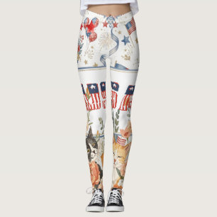 Patriotic Floral Cat with Vintage Americana Style Leggings