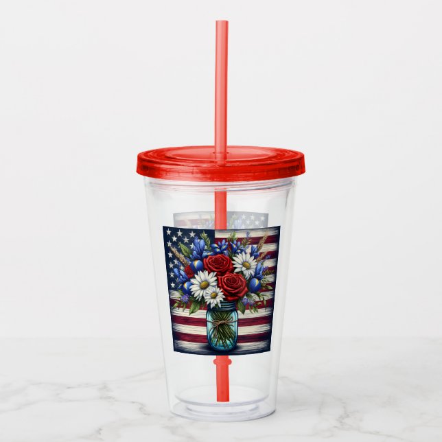 Patriotic, floral distressed American Acrylic Tumbler (Front)