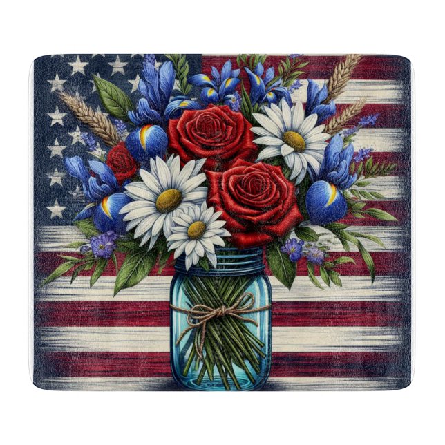 Patriotic, floral distressed American Cutting Board (Front)