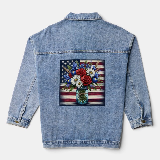 Patriotic, floral distressed American Denim Jacket (Back)