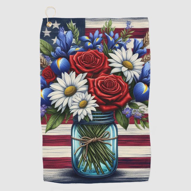 Patriotic, floral distressed American Golf Towel (Front)