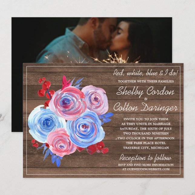 Patriotic Floral Fourth of July Photo Wedding Invitation (Front/Back)