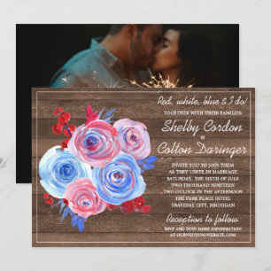 Patriotic Floral Fourth of July Photo Wedding Invitation