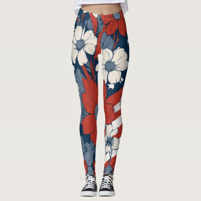 Patriotic Floral Inked Leggings for 4th of July (Front)