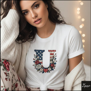 Patriotic Floral Letter U Wreath Design T-Shirt