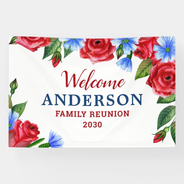 Patriotic Floral Personalised Red White Blue Party Banner (Horizontal)