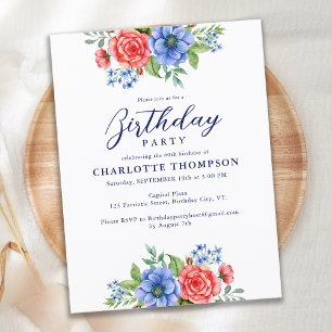 Patriotic Floral Red Blue Birthday Invitation Card