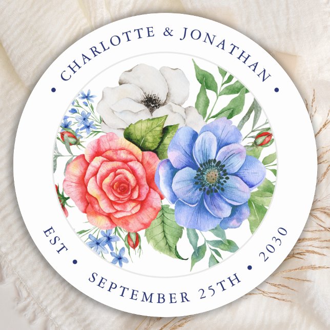Patriotic Floral Red White Blue 4th July Wedding  Classic Round Sticker (Creator Uploaded)