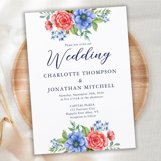 Patriotic Floral Red White Blue 4th July Wedding Invitation (Creator Uploaded)