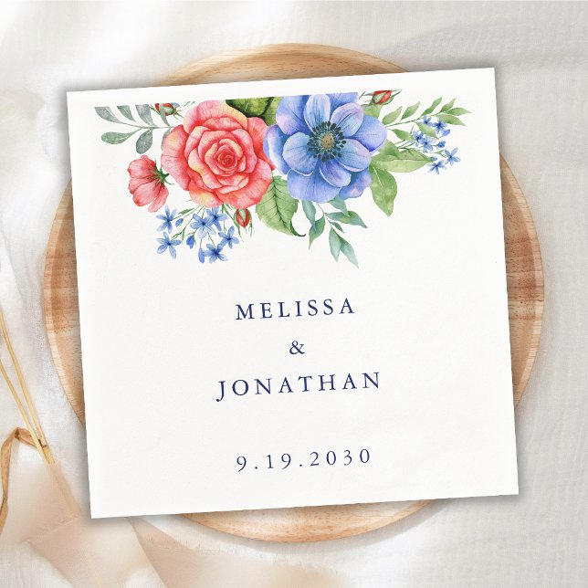 Patriotic Floral Red White Blue 4th July Wedding Napkin (Creator Uploaded)
