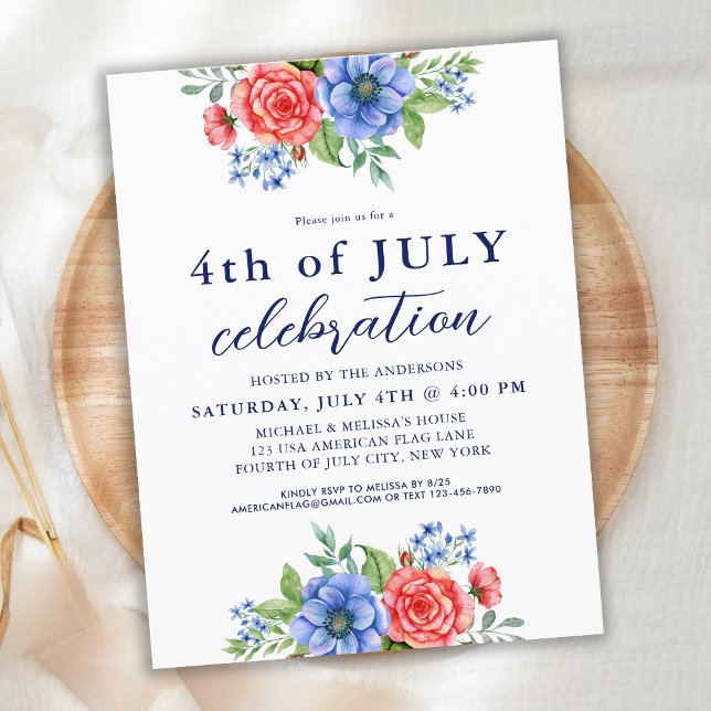 Patriotic Floral Red White Blue 4th Of July Party  Invitation Postcard (Creator Uploaded)