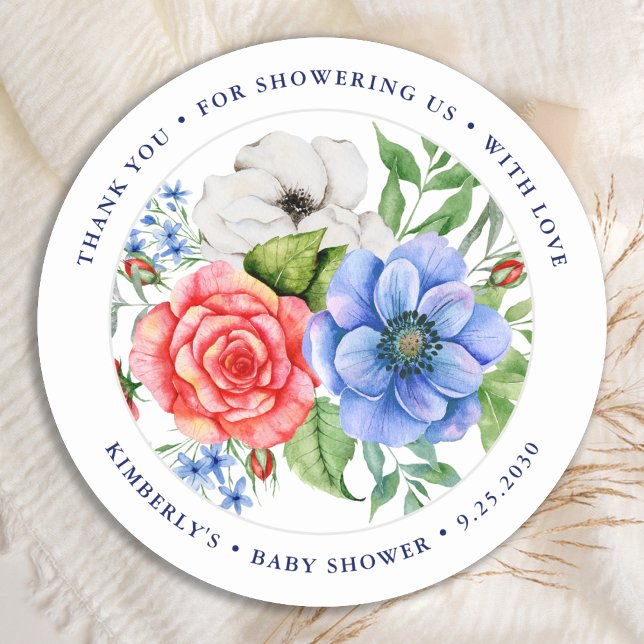 Patriotic Floral Red White Blue Baby Shower Classic Round Sticker (Creator Uploaded)