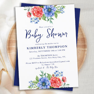 Patriotic Floral Red White Blue Baby Shower Invitation