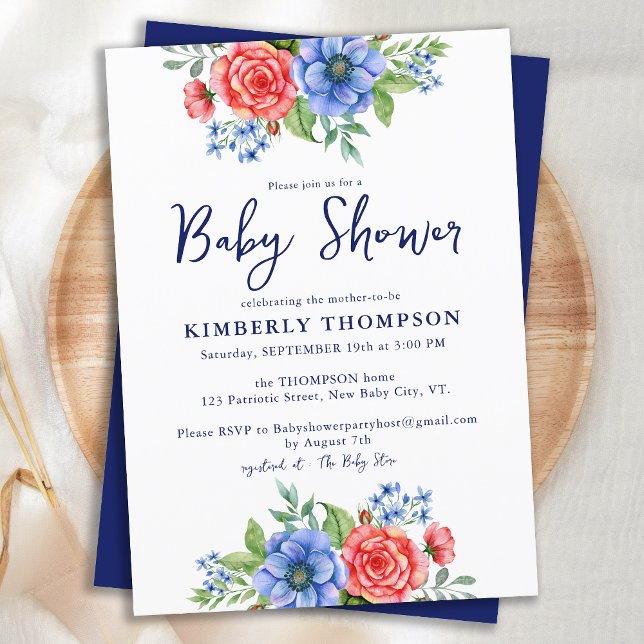Patriotic Floral Red White Blue Baby Shower Invitation (Creator Uploaded)