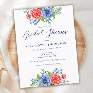 Patriotic Floral Red White Blue Bridal Shower Invitation Postcard