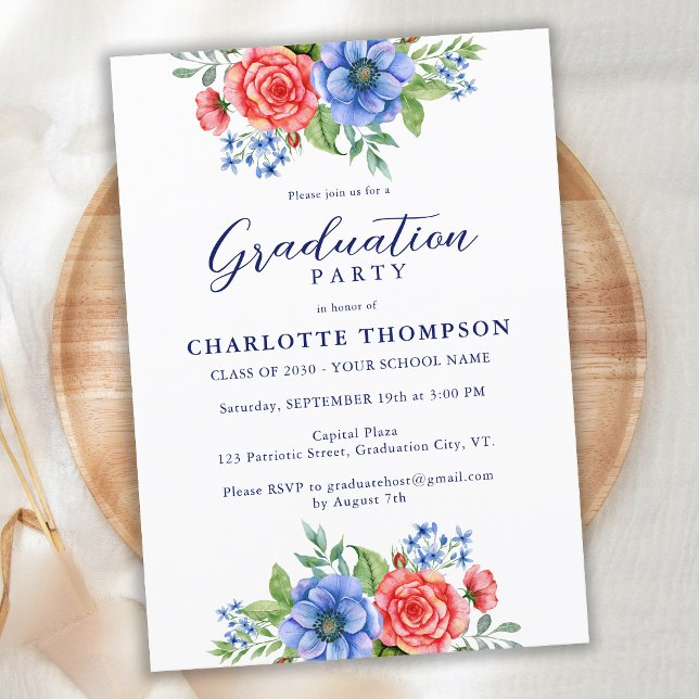 Patriotic Floral Red White Blue Graduation Party Invitation (Creator Uploaded)