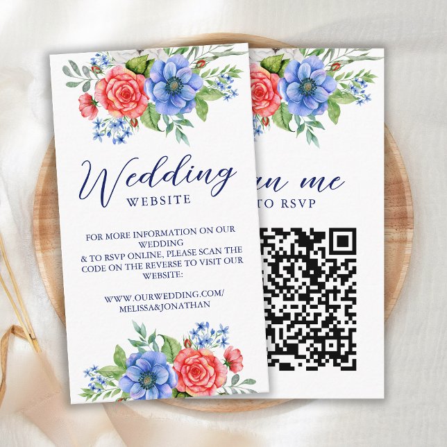 Patriotic Floral Red White Blue Wedding QR code Enclosure Card (Creator Uploaded)
