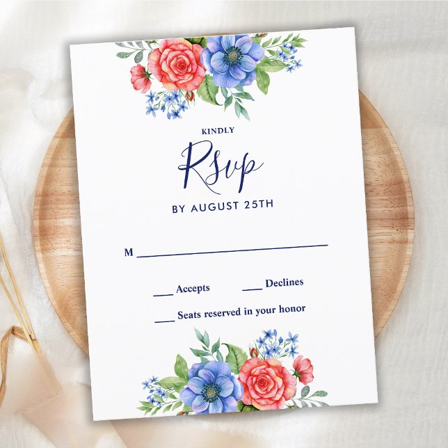 Patriotic Floral Red White Blue Wedding RSVP Invitation Postcard (Creator Uploaded)