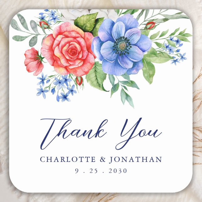 Patriotic Floral Red White Blue Wedding Thank You Square Sticker (Creator Uploaded)