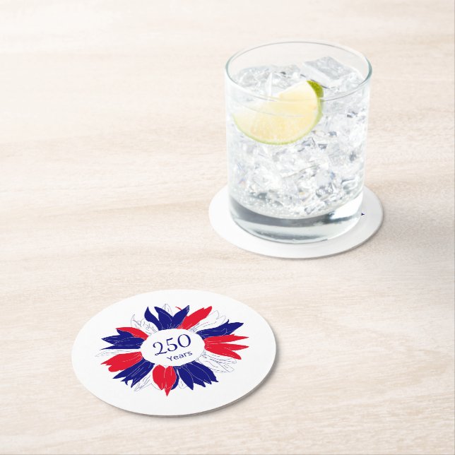 Patriotic Floral USA 250 Years 4th of July  Round Paper Coaster (Insitu)