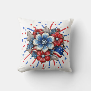 Patriotic Flowers in Red White & Blue 4th of July Cushion