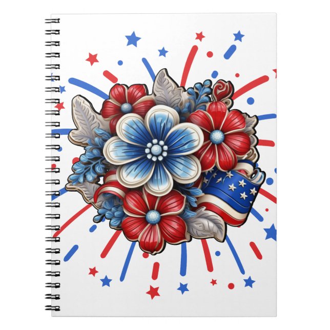Patriotic Flowers in Red White & Blue 4th of July Notebook (Front)