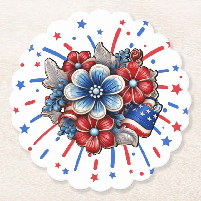 Patriotic Flowers in Red White & Blue 4th of July Paper Coaster (Front)