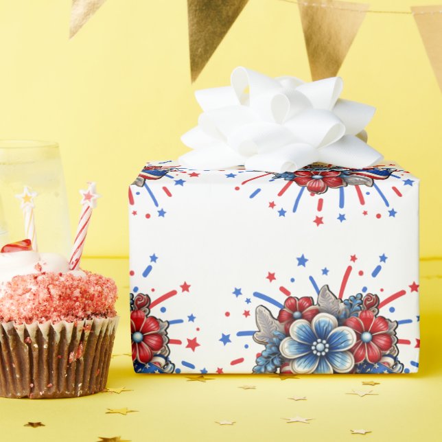 Patriotic Flowers in Red White & Blue 4th of July Wrapping Paper (Birthday Party)